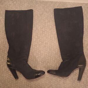 RARE Vintage Longchamp Black Suede Heeled Knee-High Boots with Glossy Accents